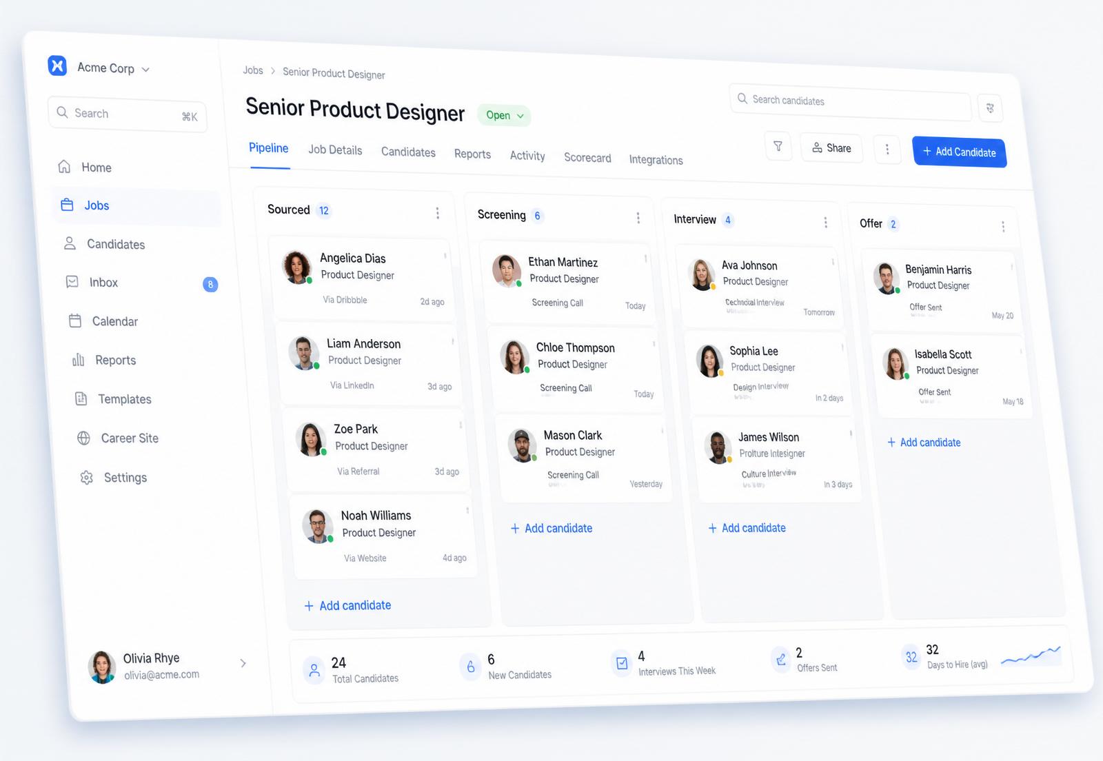 Flowdexx applicant tracking pipeline showing candidate stages from sourced to offer